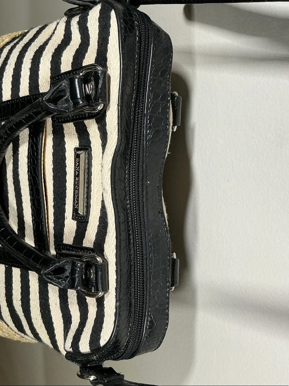 Dana Buchman Black White Straw Satchel Crossbody Bag Woven Top Handle Resort
